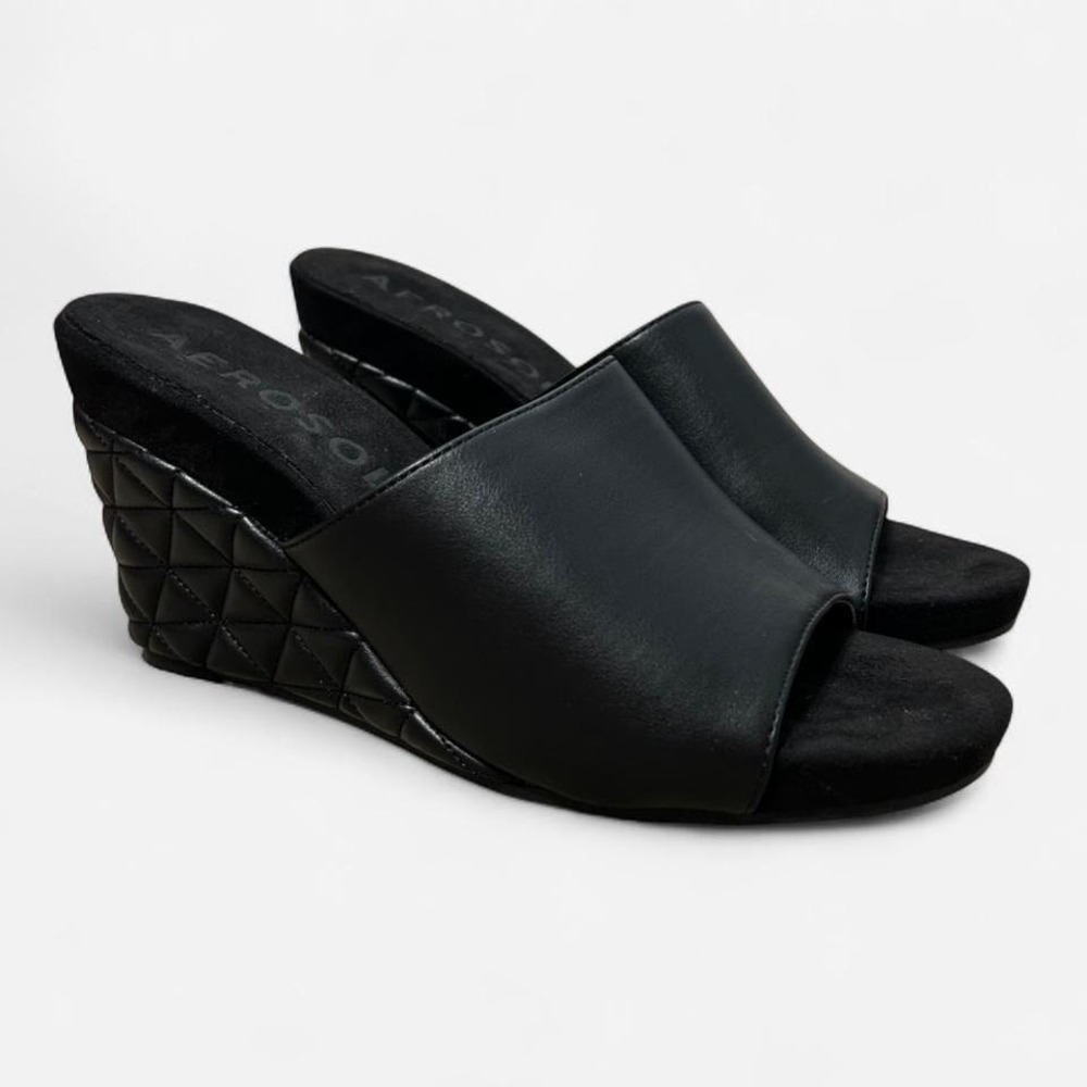 Aerosoles Women's Pierce Wedge Sandals Size 9.5 Black Pu Leather Quilted